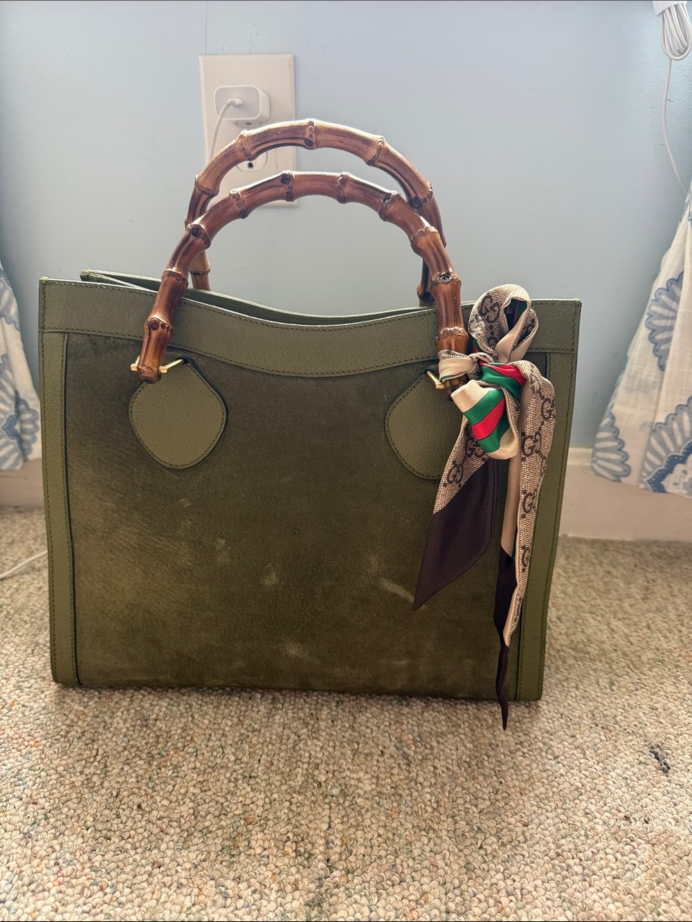 Gucci Olive Green Suede Tote with Bamboo Handles